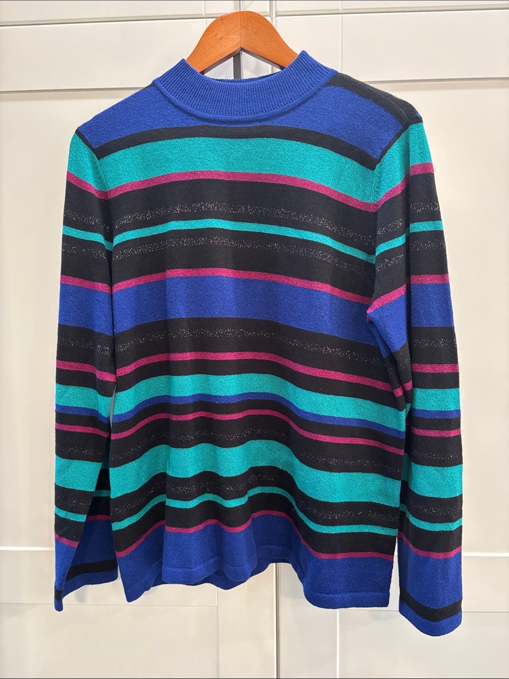 Alia Striped Crewneck Sweater in Blue, Teal & Black with Pink Accents